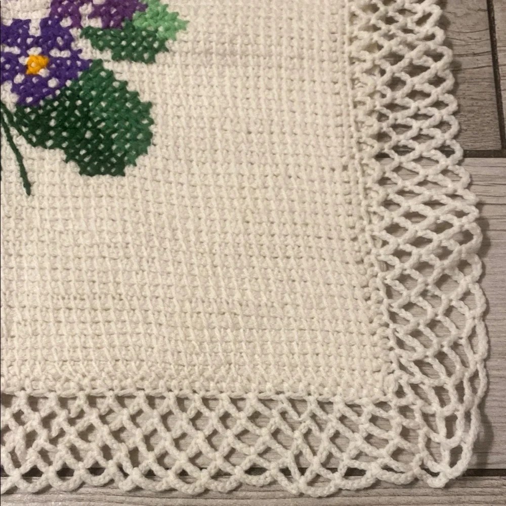 Handmade Cross-Stitch Doily with Purple Flowers Cottagecore Prairie